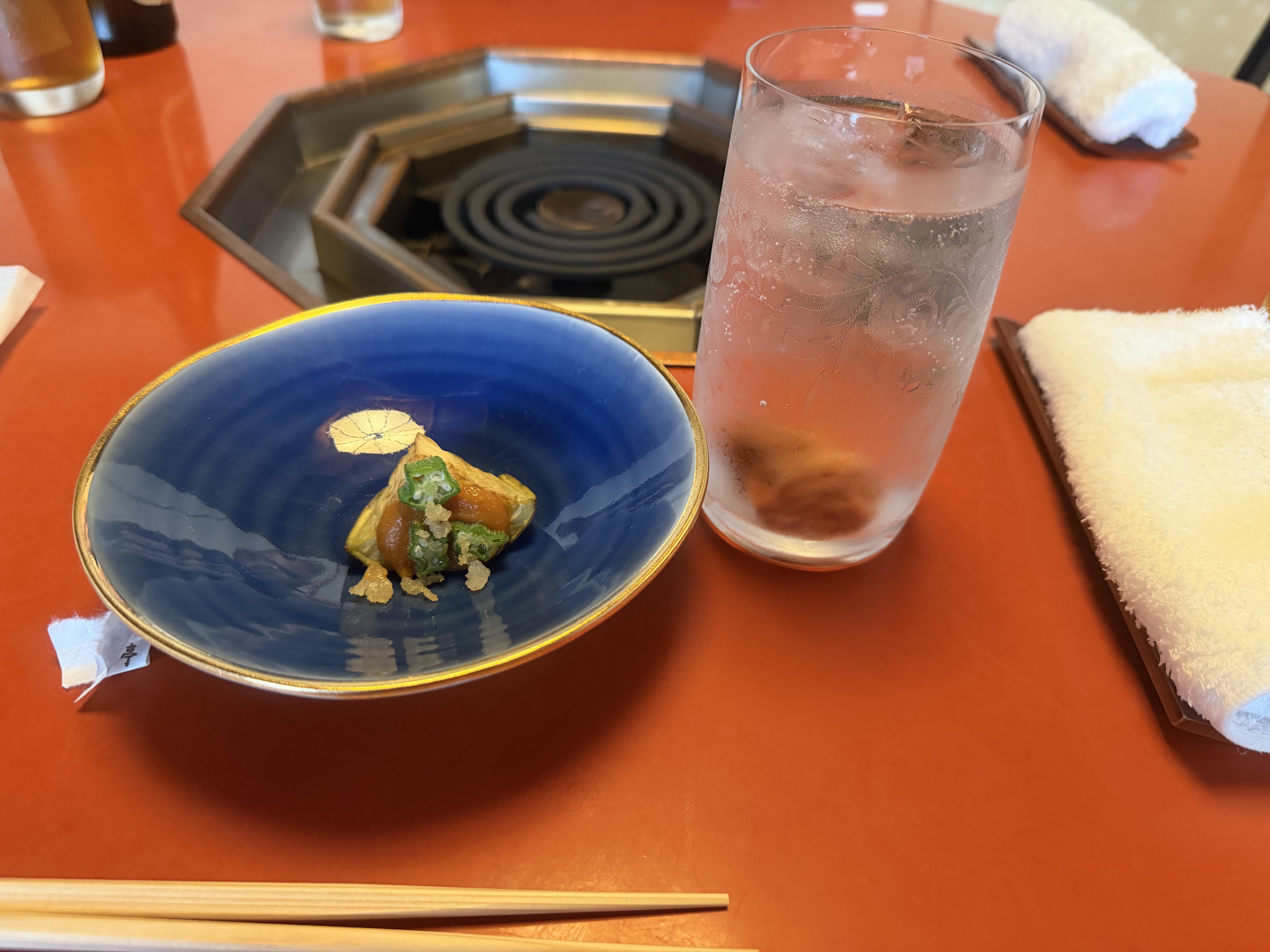 三嶋亭 前菜 茄子田楽 梅そうめん