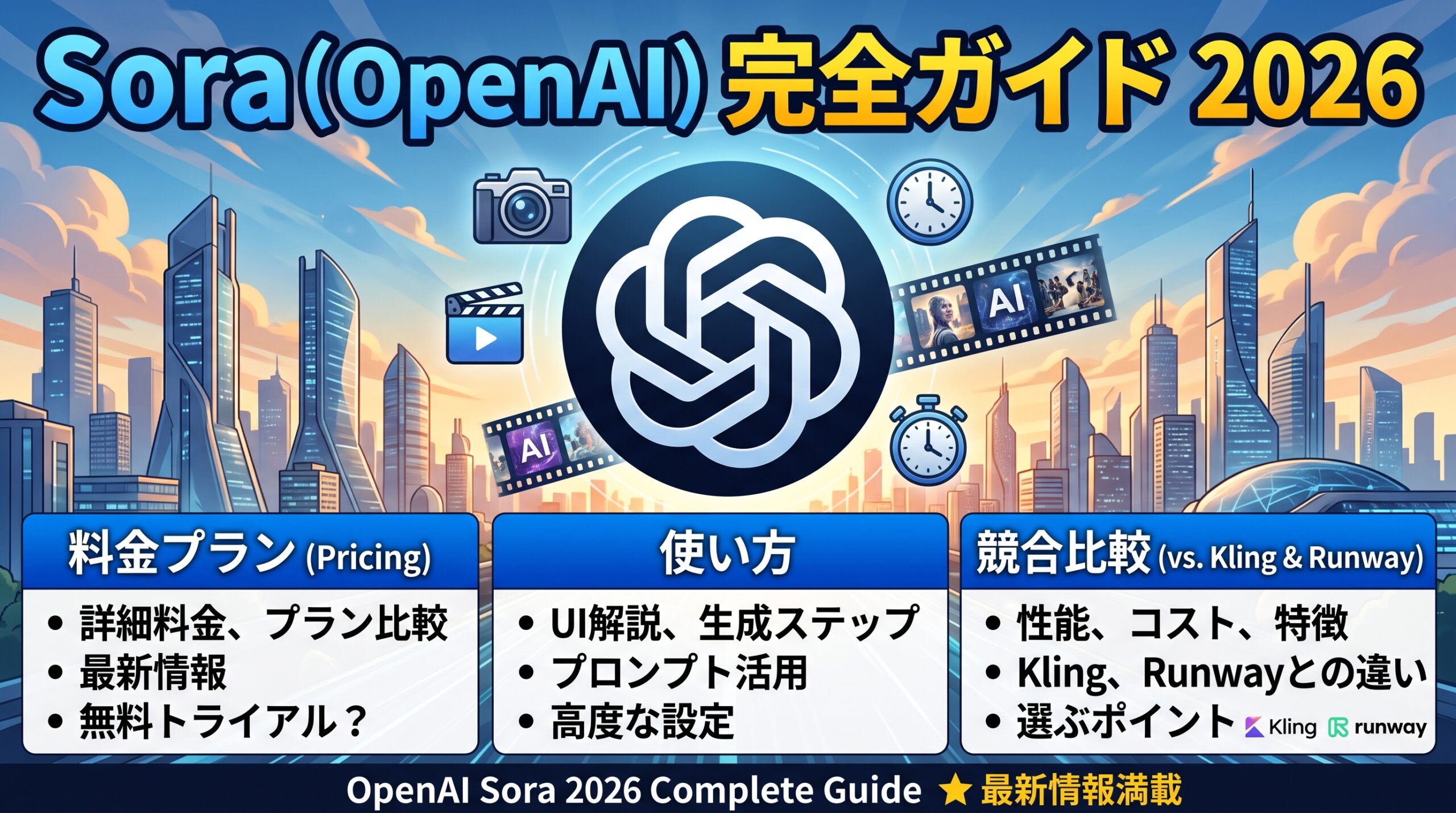 Sora（OpenAI）完全ガイド2026｜料金プラン・使い方・KlingやRunwayと
